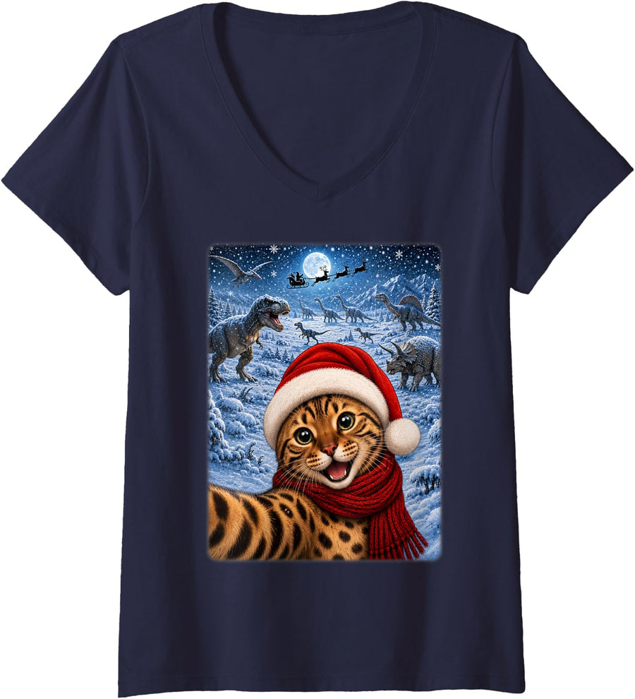 Women's Xmas Dinosaurs Moon Night Starry Themed Bengal Cat Christmas V-Neck T-Shirt - Navy Blue
