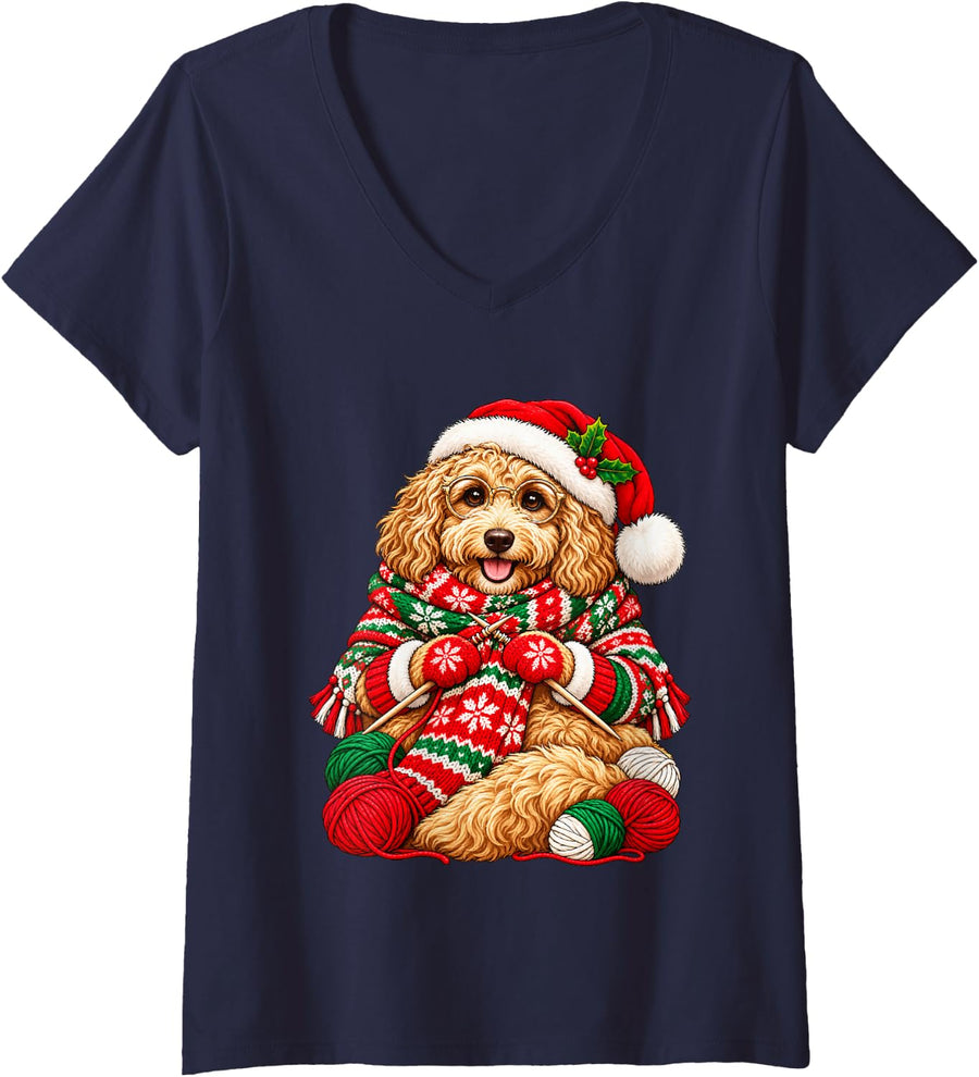 Women's Festive Christmas Goldendoodle Knitting Cute Dog Knitter V-Neck T-Shirt - Navy Blue