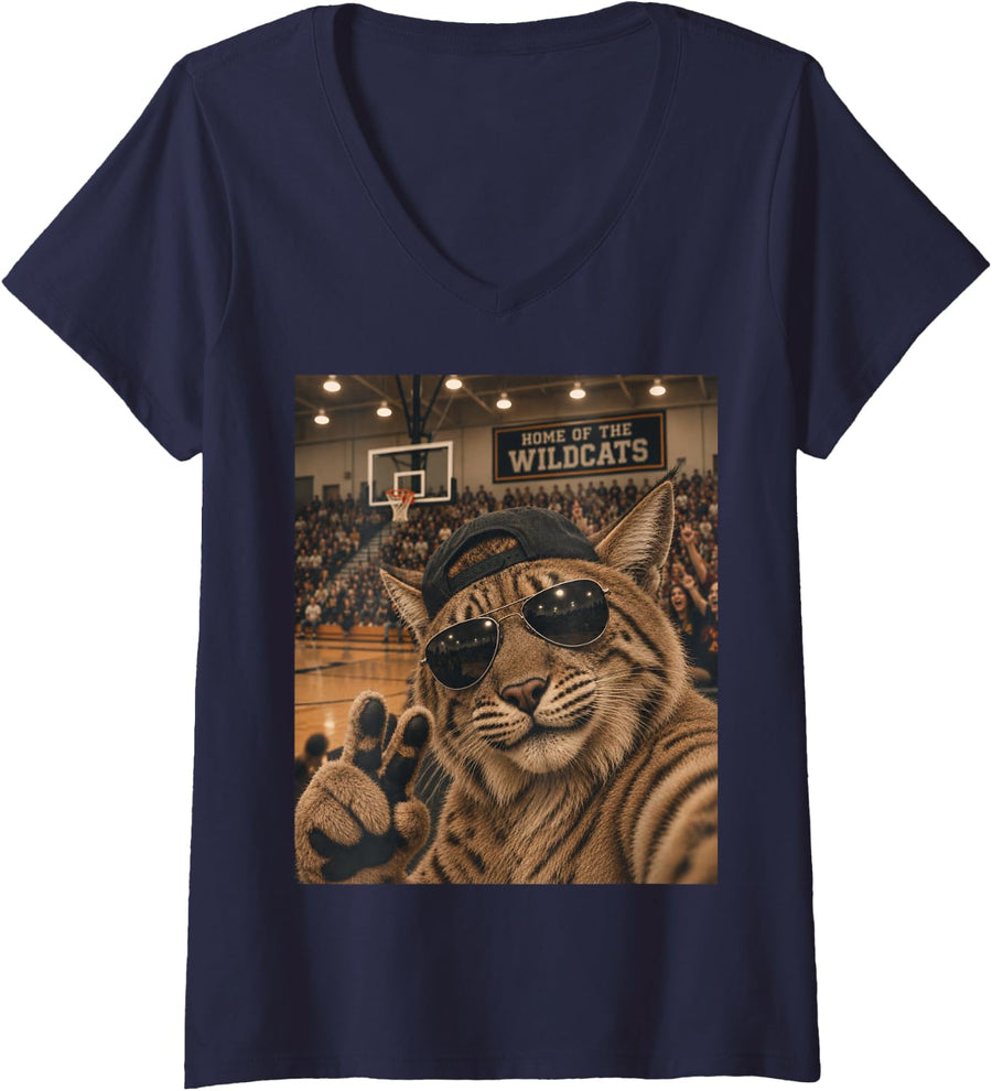Women's Wildcat Selfie Funny Basketball Vintage Game Day Cool Mascot V-Neck T-Shirt - Navy Blue