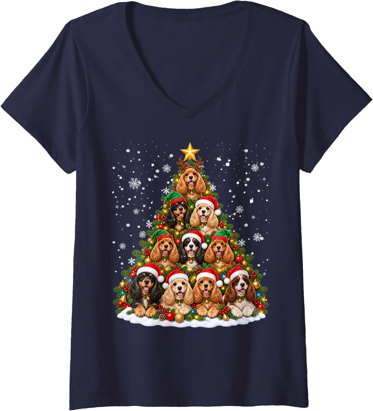 Women's Funny Christmas Tree Cocker Spaniel Family Xmas Pajamas V-Neck T-Shirt - Navy Blue