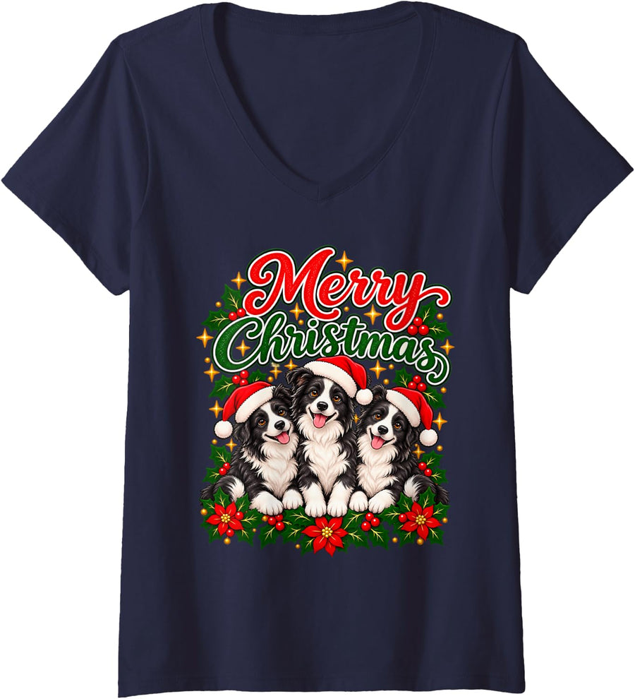Women's Merry Christmas Border Collie Heartwarming Holiday Heart V-Neck T-Shirt - Navy Blue