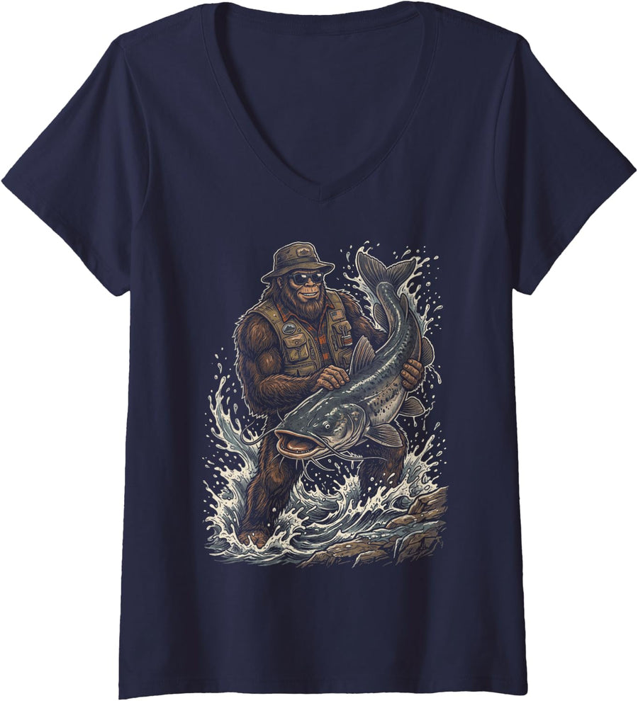 Women's Catfishing Bigfoot Hunting Catfishermen V-Neck T-Shirt - Navy Blue