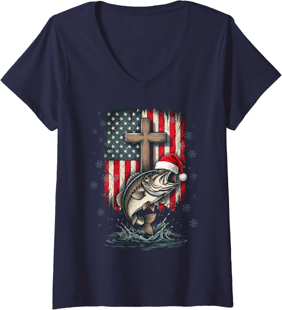 Women's Patriotic Christian Cross Fishing Christmas Bass V-Neck T-Shirt - Navy Blue