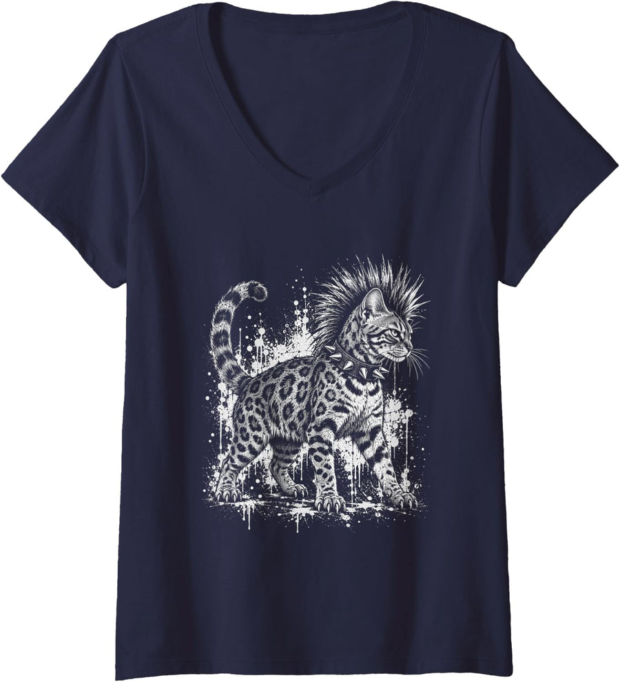 Women's Punk Bengal Cat Funny Mohawk Cat Rock Grunge V-Neck T-Shirt - Navy Blue
