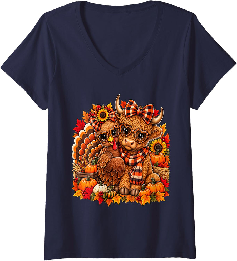 Women's Highland Cow Turkey Besties Cute Girls Women Thanksgiving V-Neck T-Shirt - Navy Blue