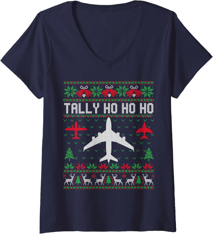 Women's Spitfire Christmas Ugly Jumper Style Airplane Aircraft Plane V-Neck T-Shirt - Navy Blue