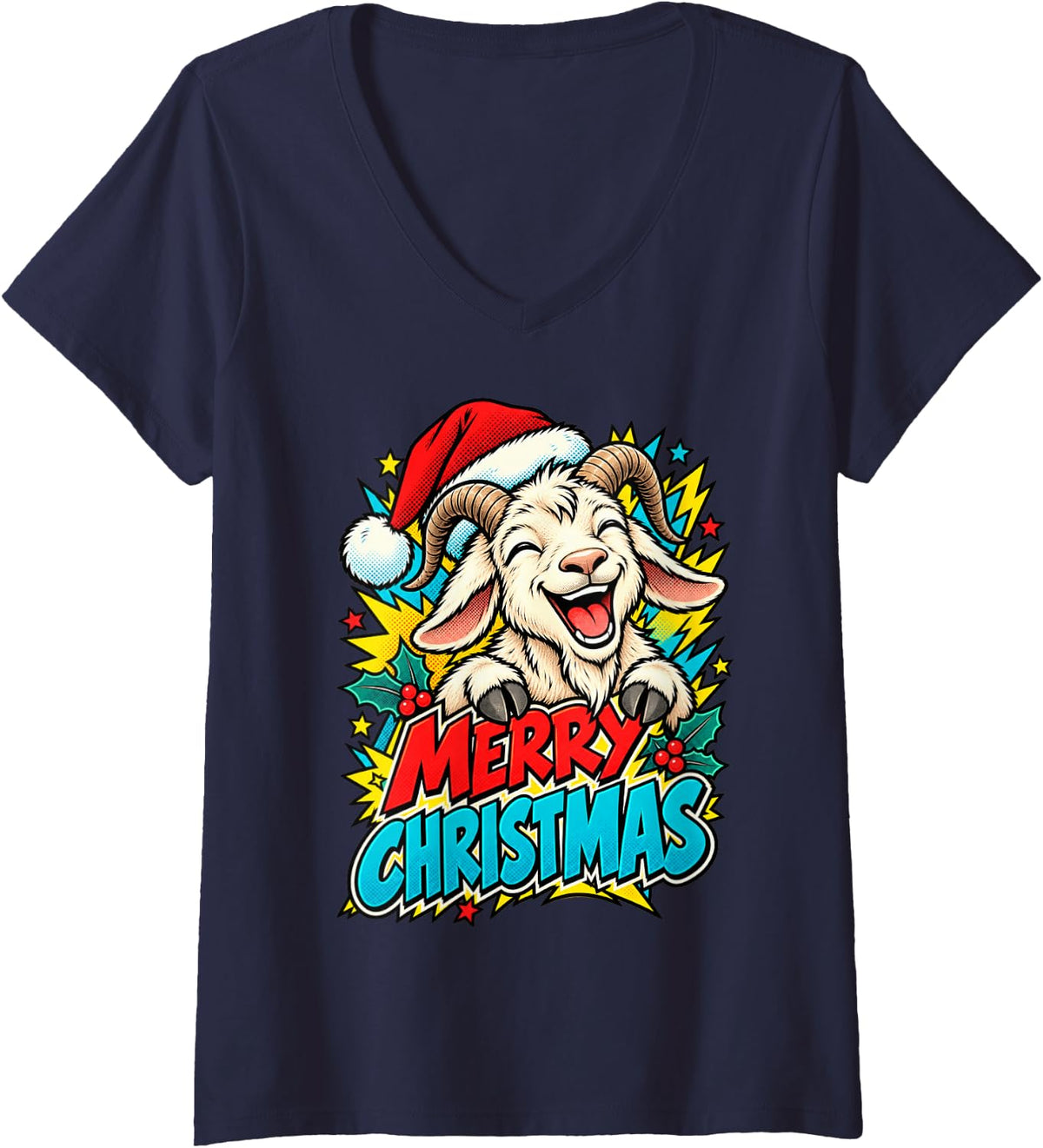 Women's Merry Christmas Smiling Goat Pop Art Santa Men Women Kids V-Neck T-Shirt - Navy Blue