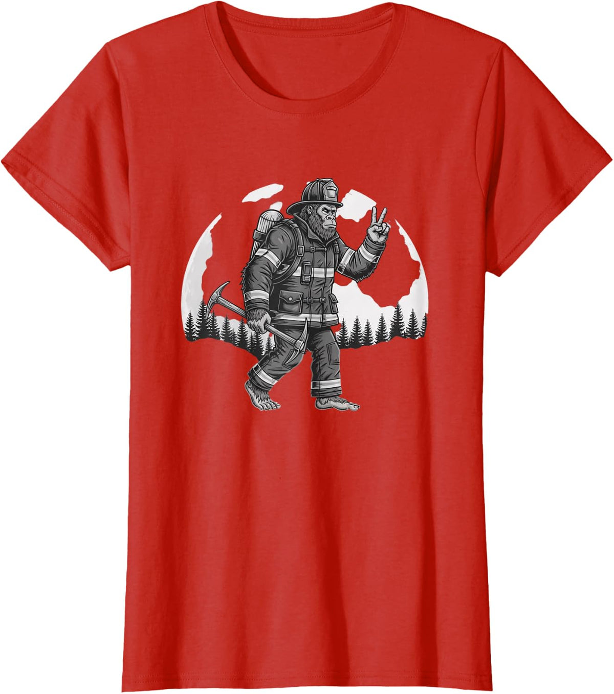 Bigfoot Firefighter Sasquatch Peace Sign Men T-Shirt - Red