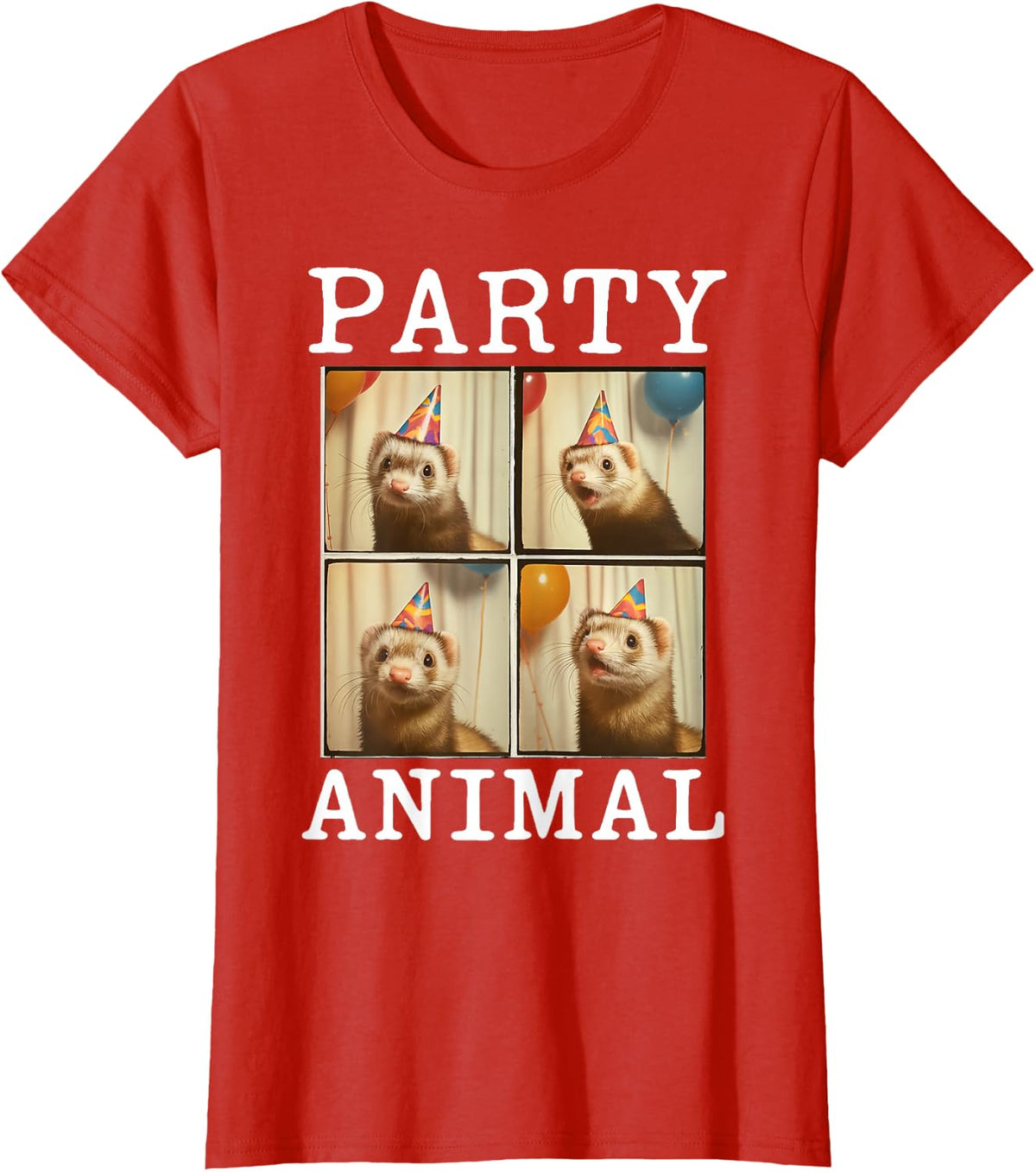 Funny Party Animal Hat Ferret Face Birthday Photobooth Gift T-Shirt - Red