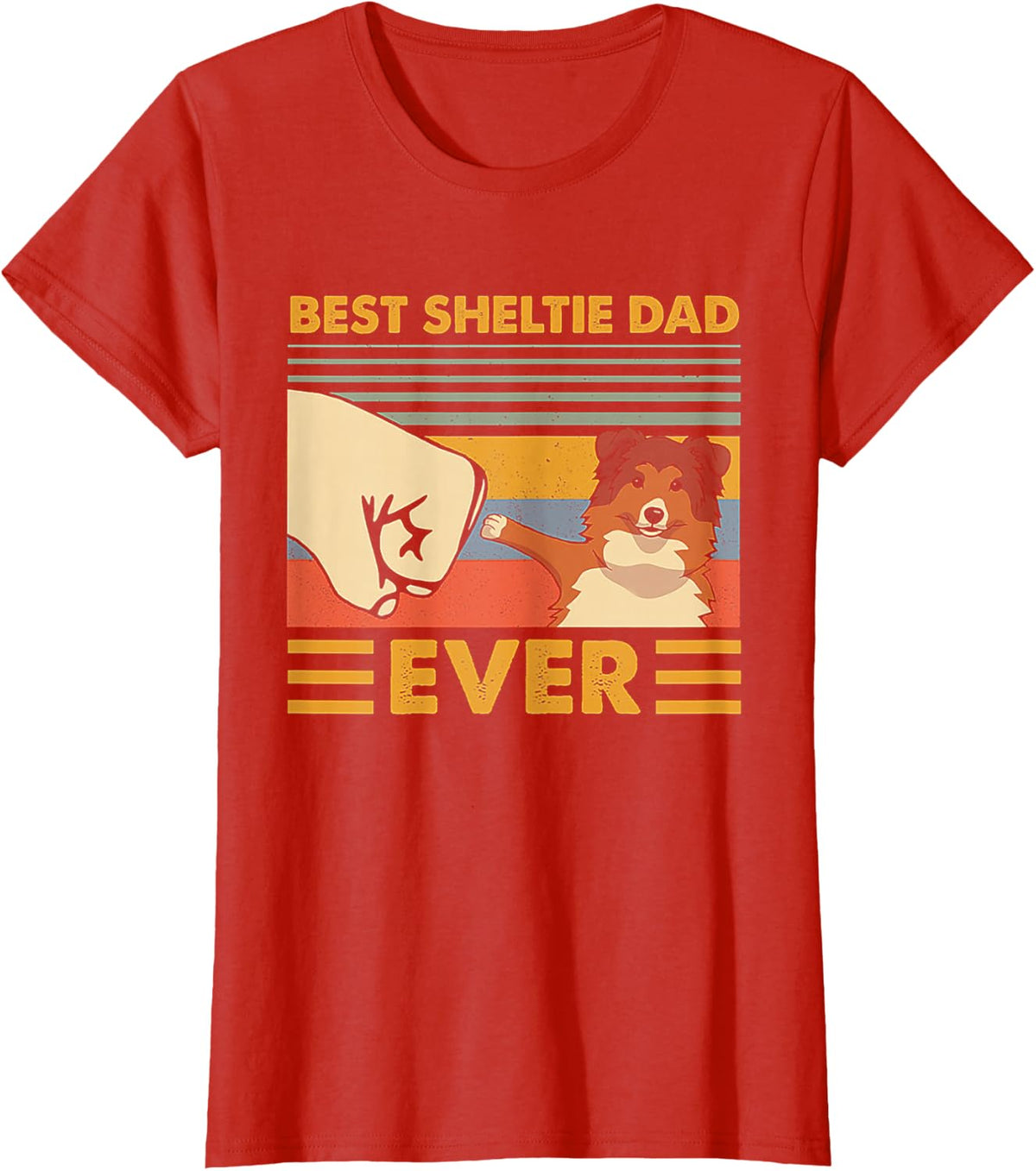 Best Sheltie Dad Ever Retro Vintage Sunset T-Shirt - Red