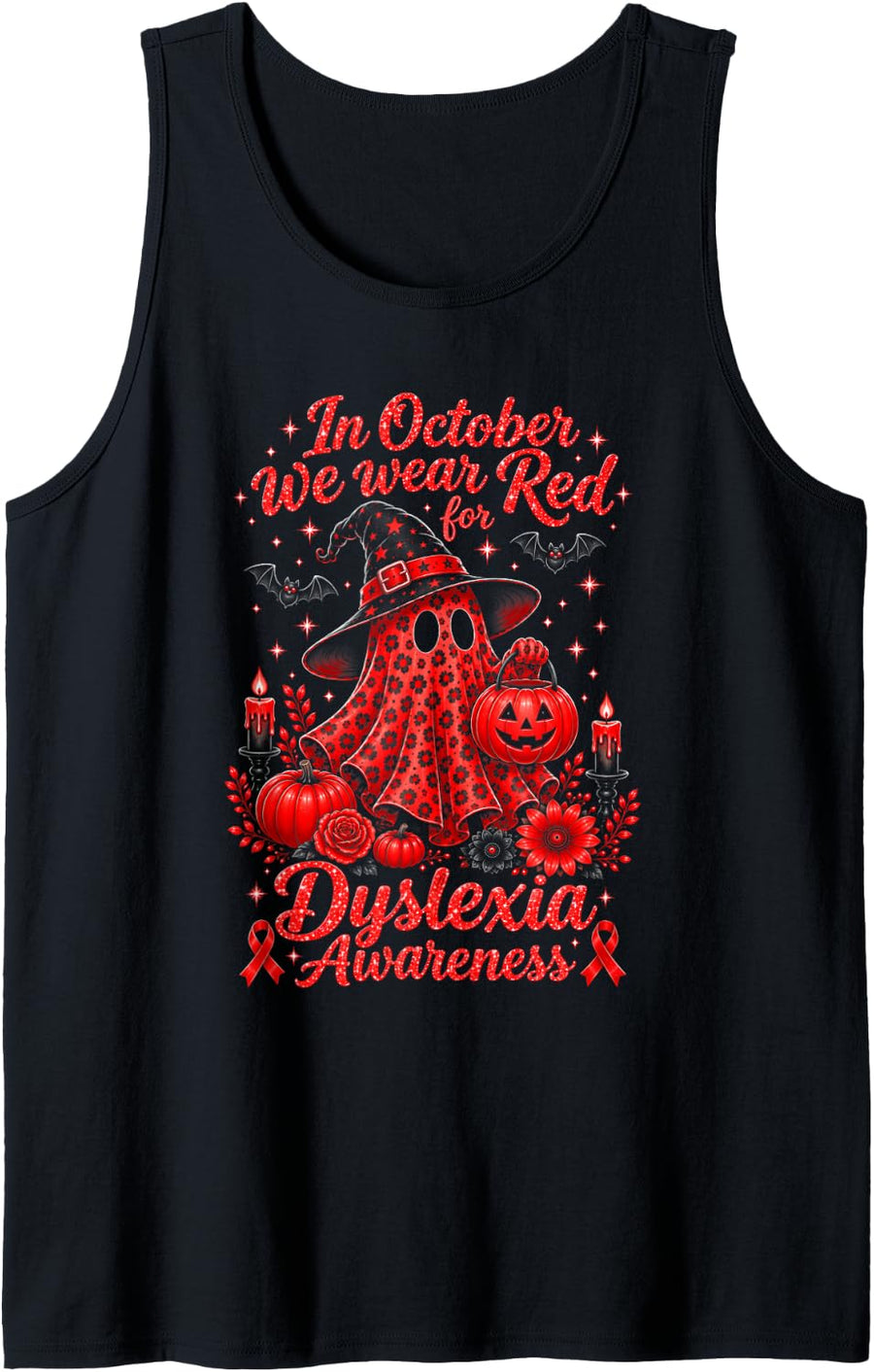 Men's in October We Wear Red Dyslexia Awareness Halloween Ghost Sleeveless Tank Top - Black