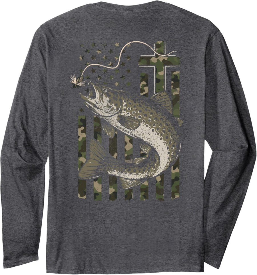 Christian Trout Fly Fishing Distressed Flag (Design on Back) Long Sleeve T-Shirt - Adult Unisex Dark Heather Grey