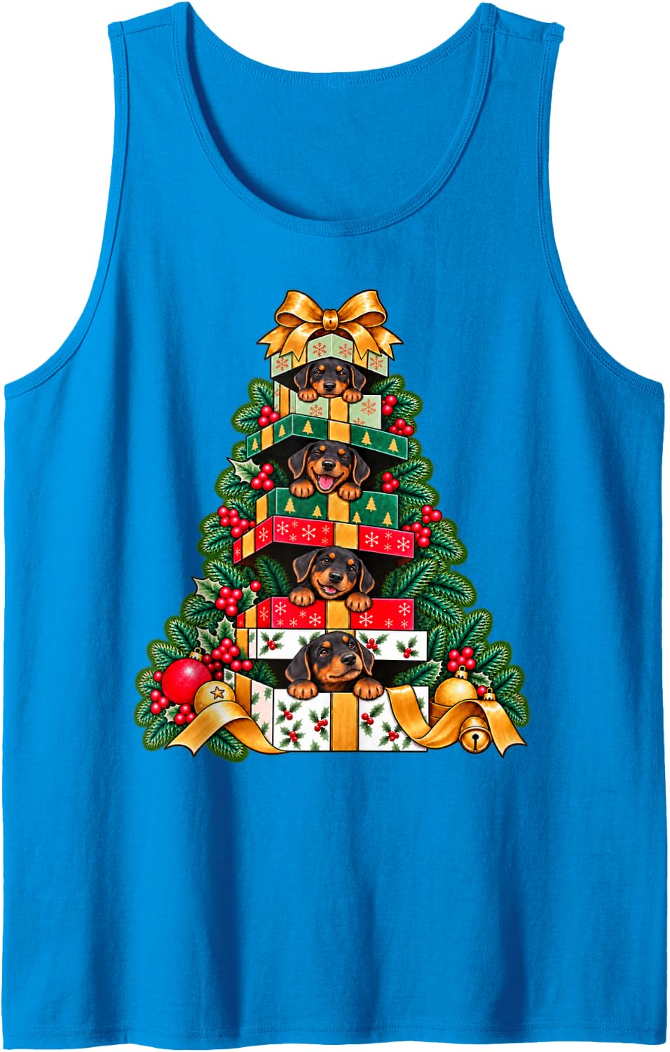 Doberman Pinscher Stacked Wrapped Box Holiday Tree Surprise Sleeveless Tank Top - Sapphire Blue