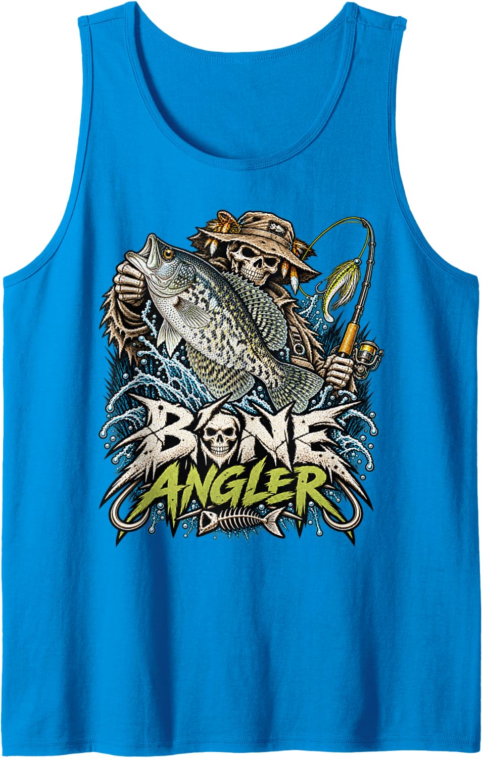Skeleton Black Crappie Fishing Grunge Sleeveless Tank Top - Sapphire Blue