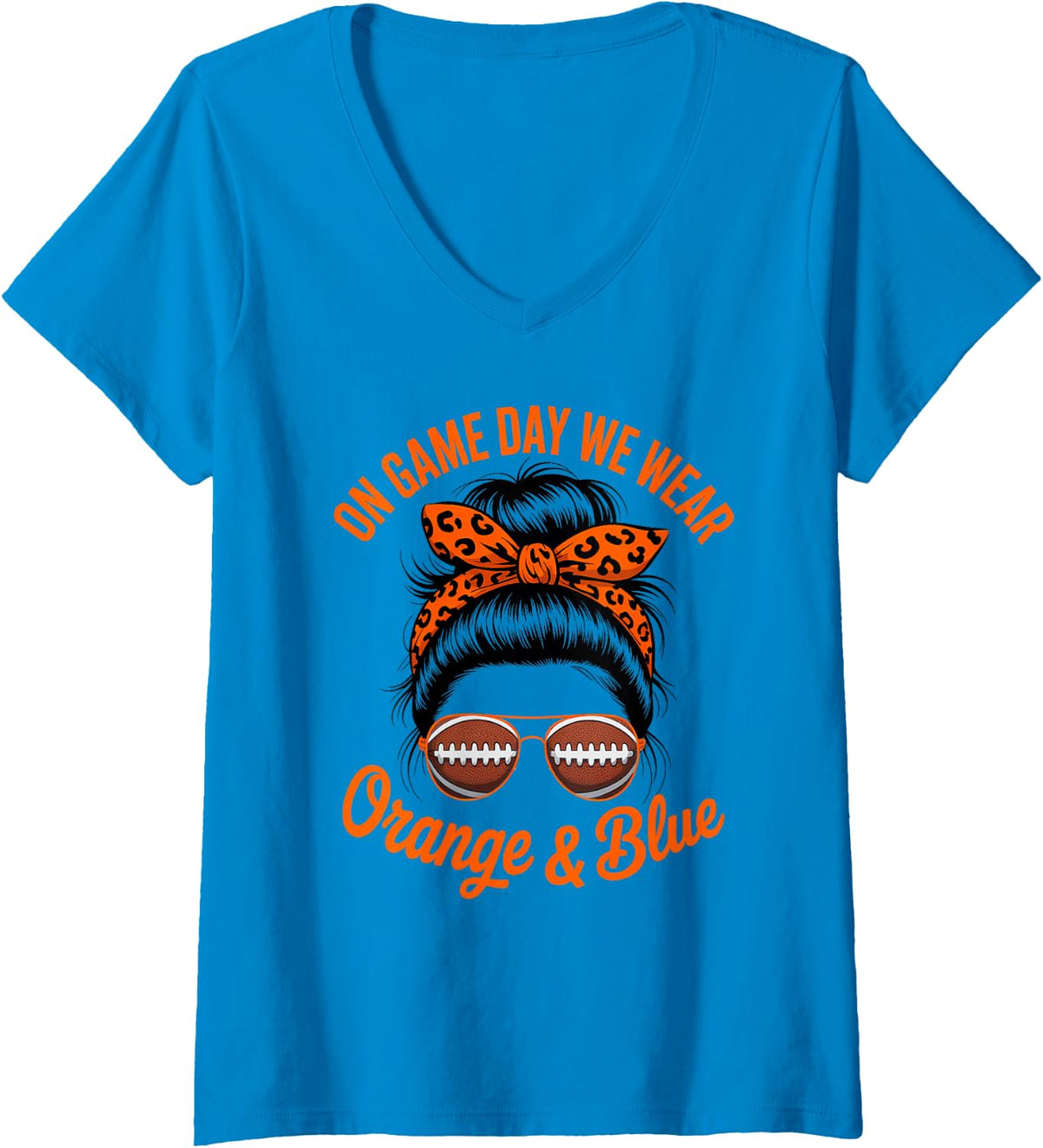 Women's Retro Game Day WEAR Orange Blue Girl High School Cheer V-Neck T-Shirt - Sapphire Blue
