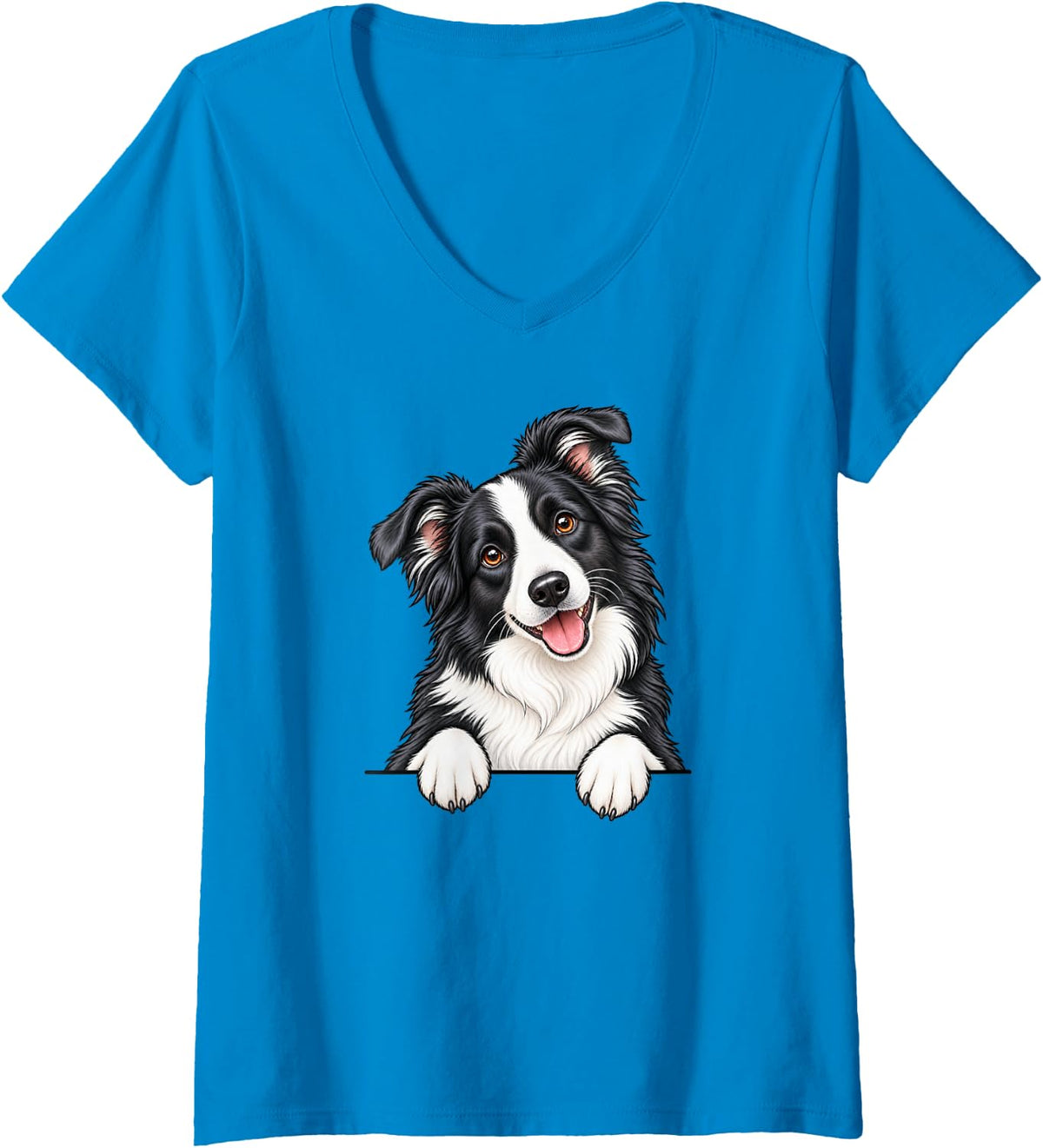 Women's Womens Girls Moms Peeking Pocket Black Border Collie Lover V-Neck T-Shirt - Sapphire Blue