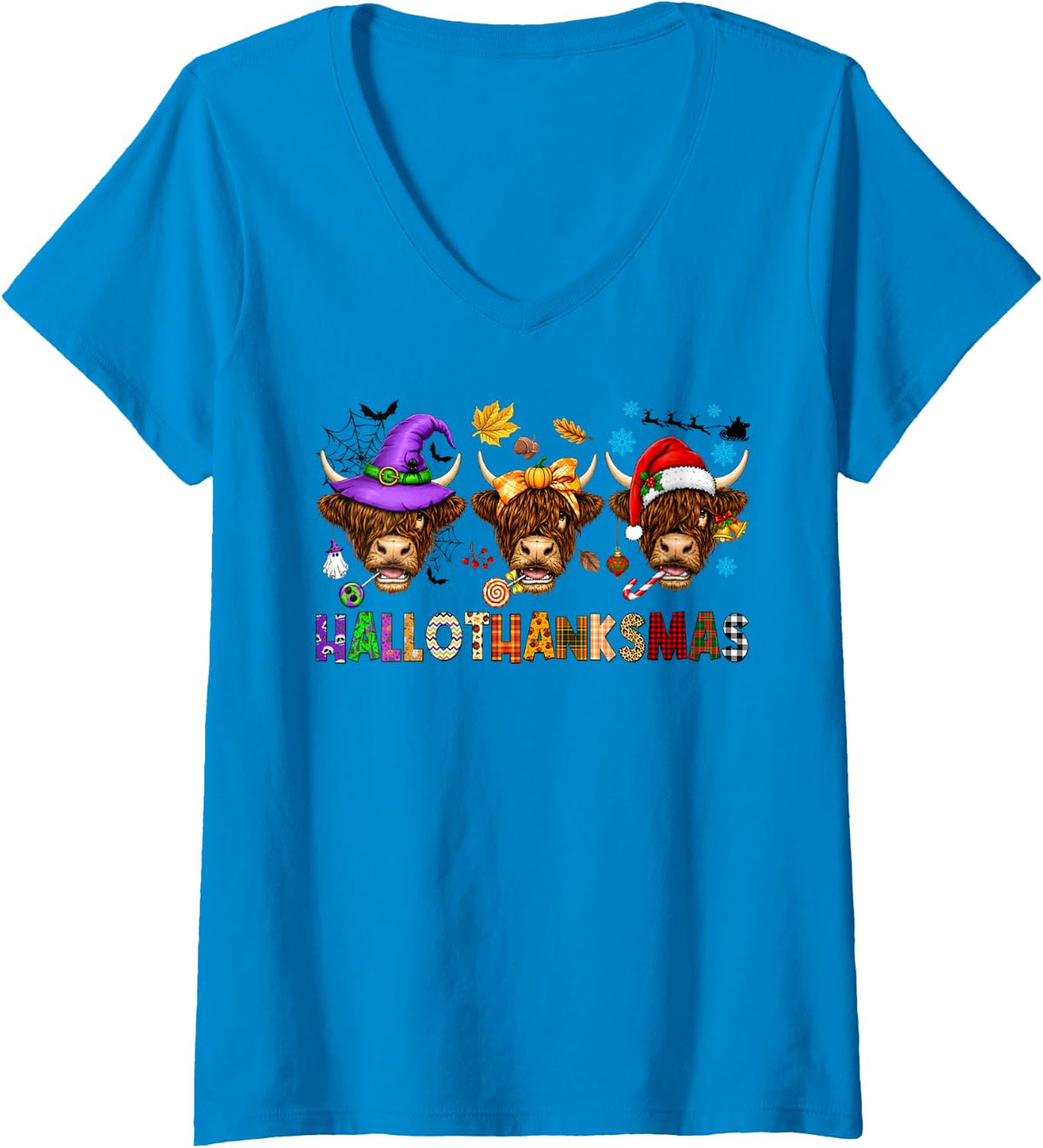 Women's Hallothanksmas Highland Cows Halloween Thanksgiving Xmas V-Neck T-Shirt - Sapphire Blue