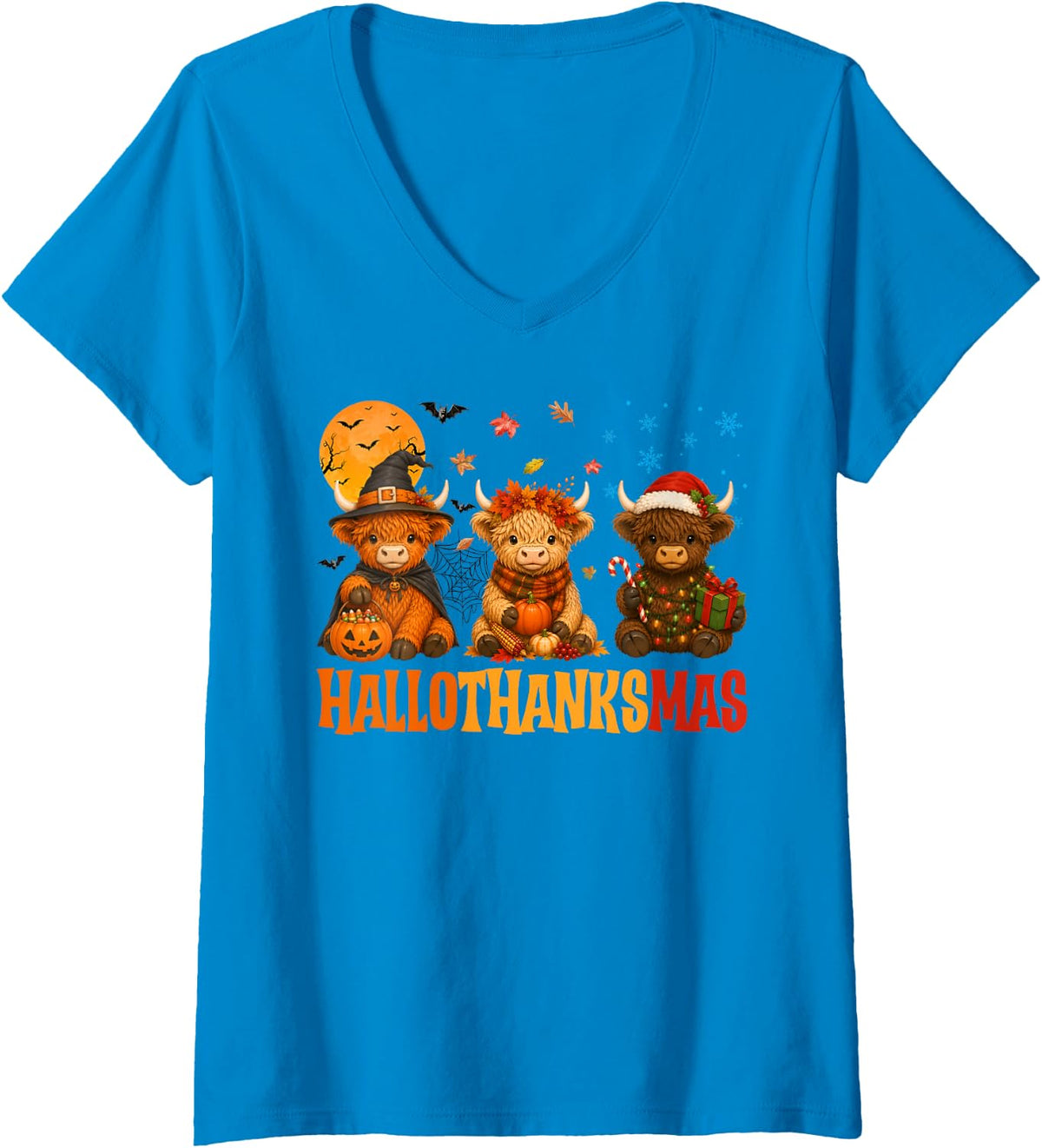 Women's Hallothanksmas Highland Cow Halloween Thanksgiving Christmas V-Neck T-Shirt - Sapphire Blue