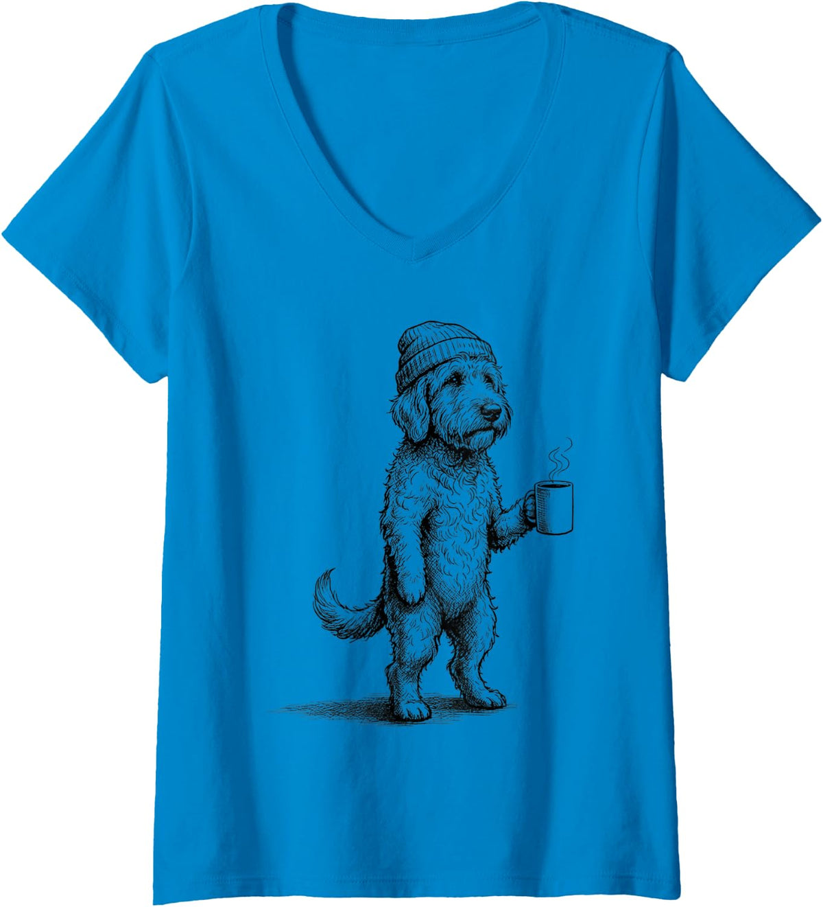 Women's Grumpy Goldendoodle Dog Drinking Coffee Funny V-Neck T-Shirt - Sapphire Blue