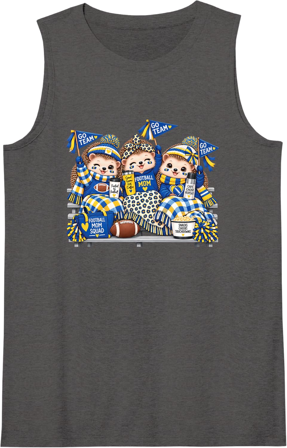 Women's Football Mom Squad Cute Hedgehog Game Day Cheer Blue Yellow Sleeveless Tank Top - Dark Heather Grey