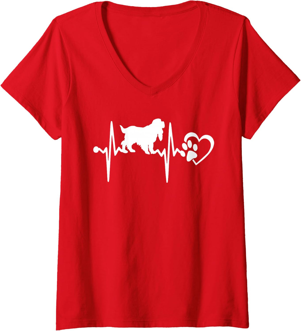 Women's Cocker Spaniel Dog Paw Heartbeat Funny Puppy Lover V-Neck T-Shirt - Red