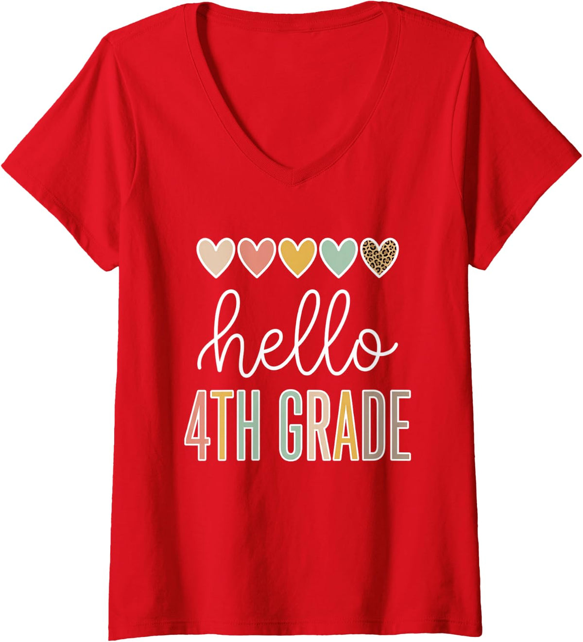 Women's Hello 4TH Grade Teacher Elementary School Boho Hearts V-Neck T-Shirt - Red