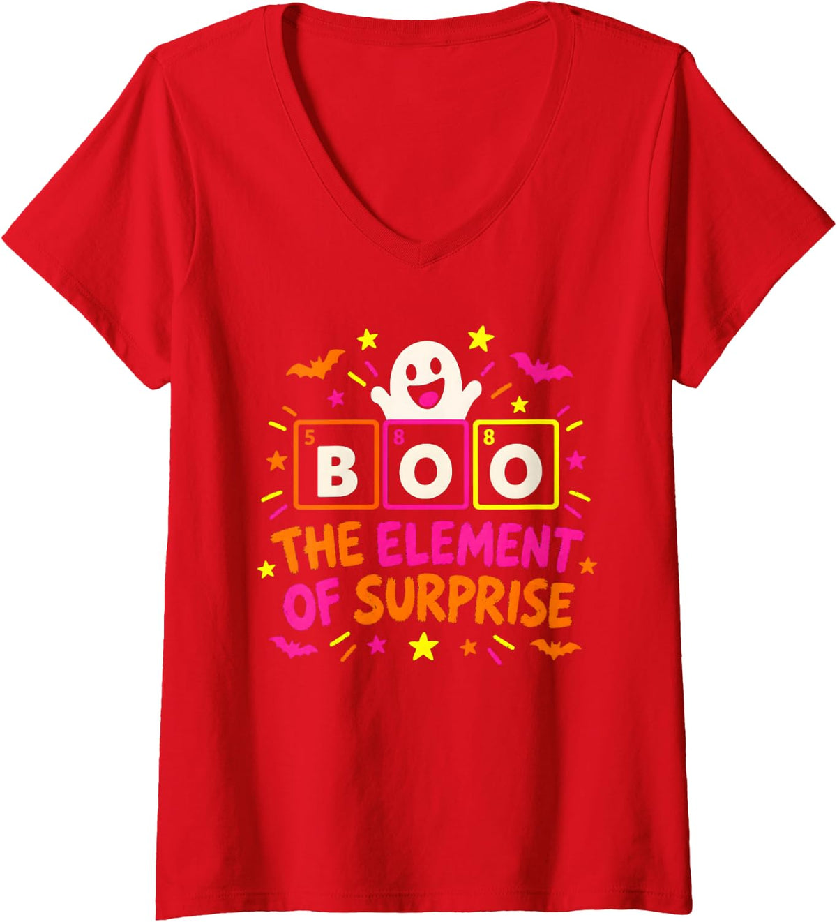 Women's The Element of Surprise Boo Science Chemistry Halloween V-Neck T-Shirt - Red