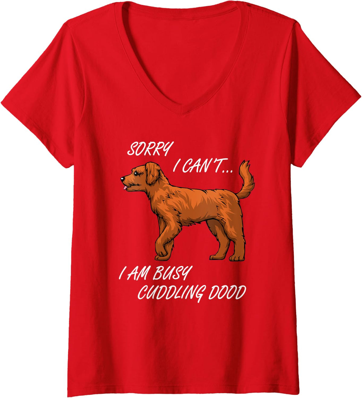 Womens Cuddling my Golden Doodle Dog Puppy V-Neck T-Shirt - Red