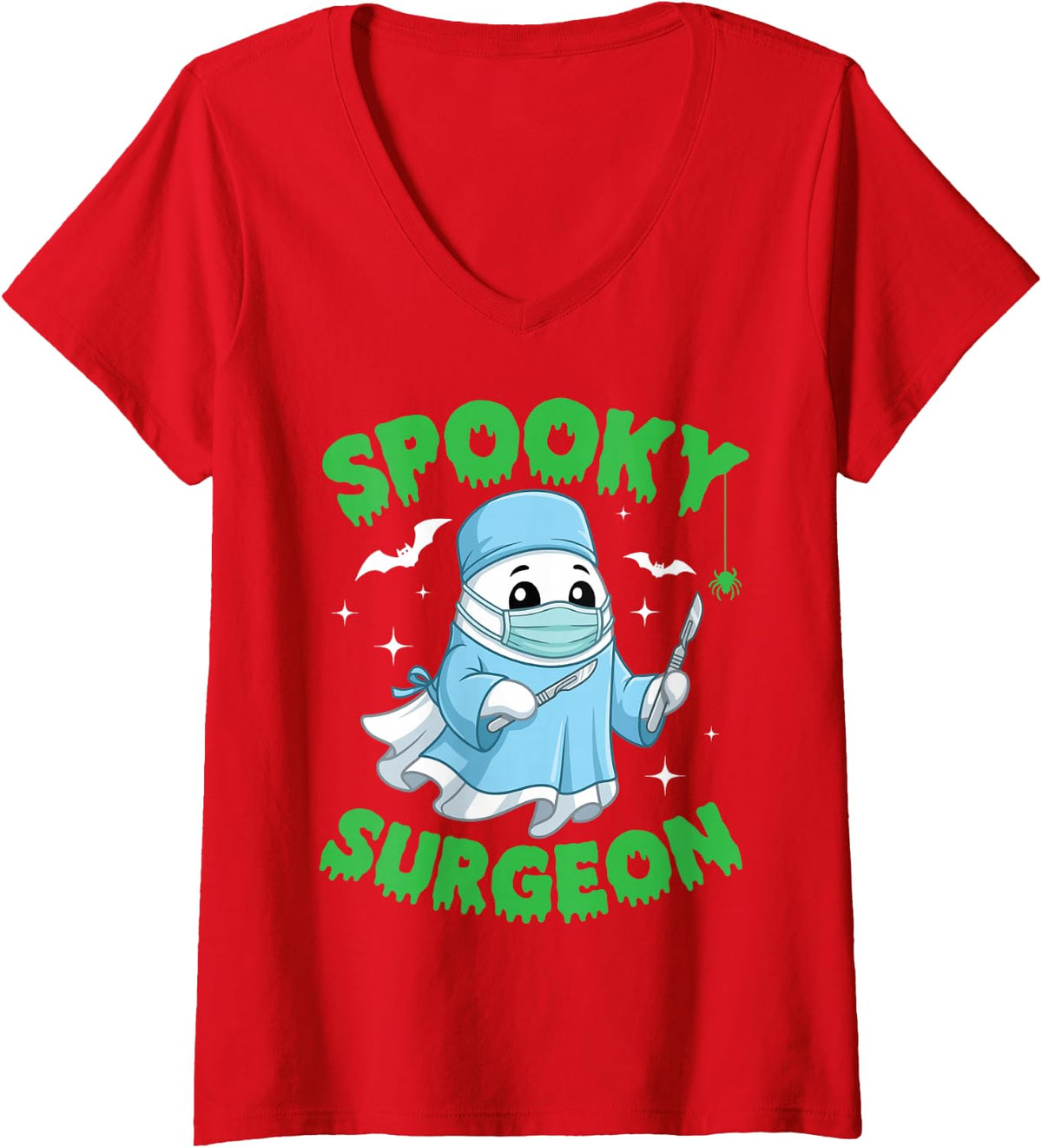 Women's Spooky Surgeon Halloween Cute Ghost Medical Scrub Costume V-Neck T-Shirt - Red