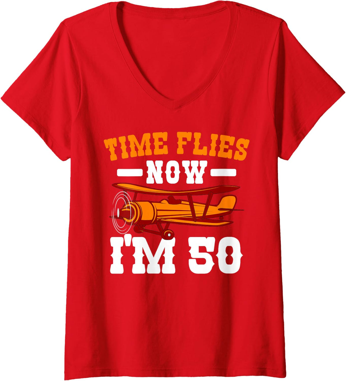 Women's Pilot 50th Birthday Party Aviator Airplane Flight Mechanic V-Neck T-Shirt - Red