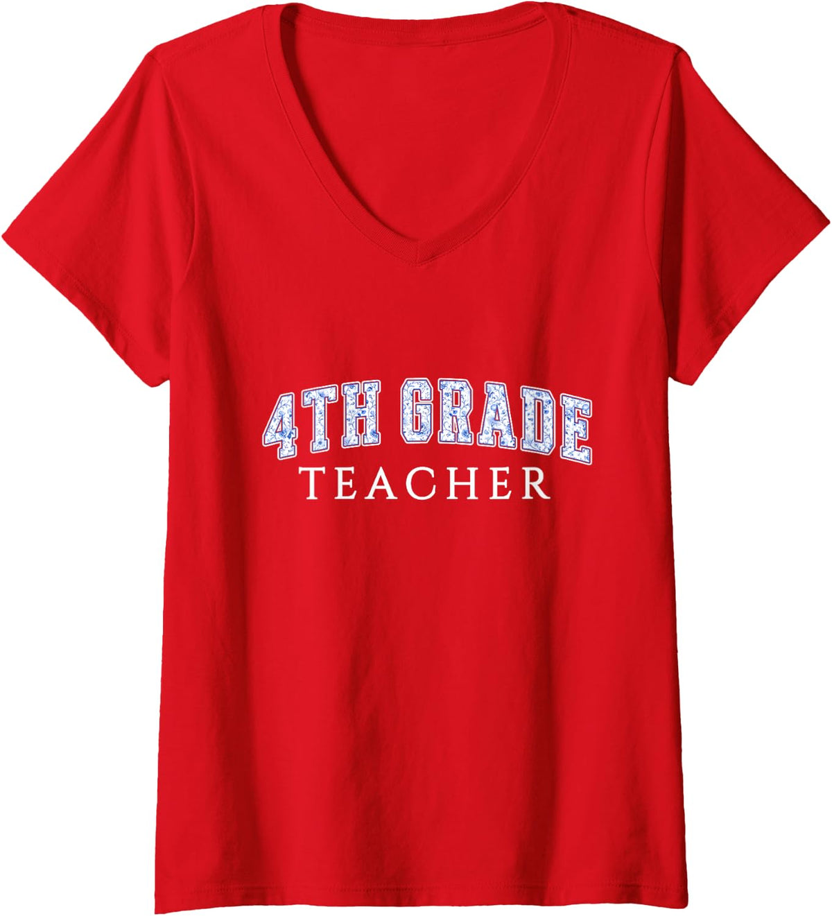 Women's 4th Grade Teacher Blue Floral Varsity Letters Fourth Grade V-Neck T-Shirt - Red