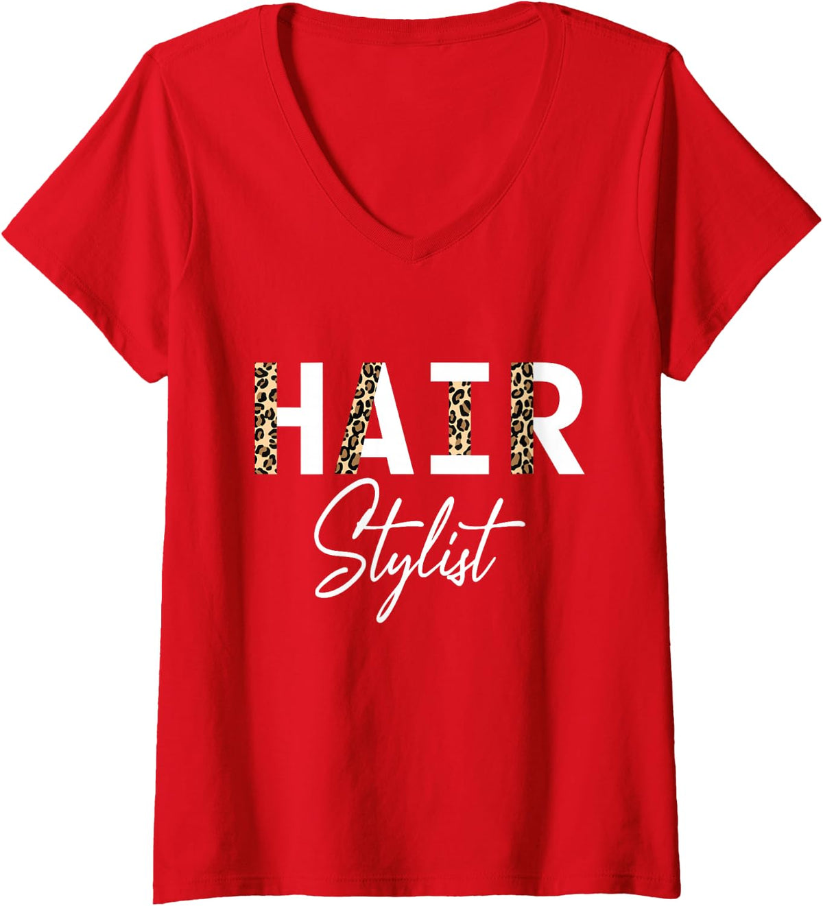 Women's Hair Stylist Leopard Hair Stylist V-Neck T-Shirt - Red