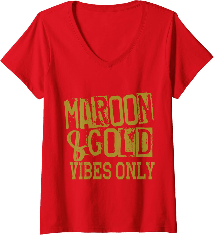 Women's Maroon Gold Vibes Only Game Day T-Shirt for High Middle School Sports V-Neck T-Shirt - Red