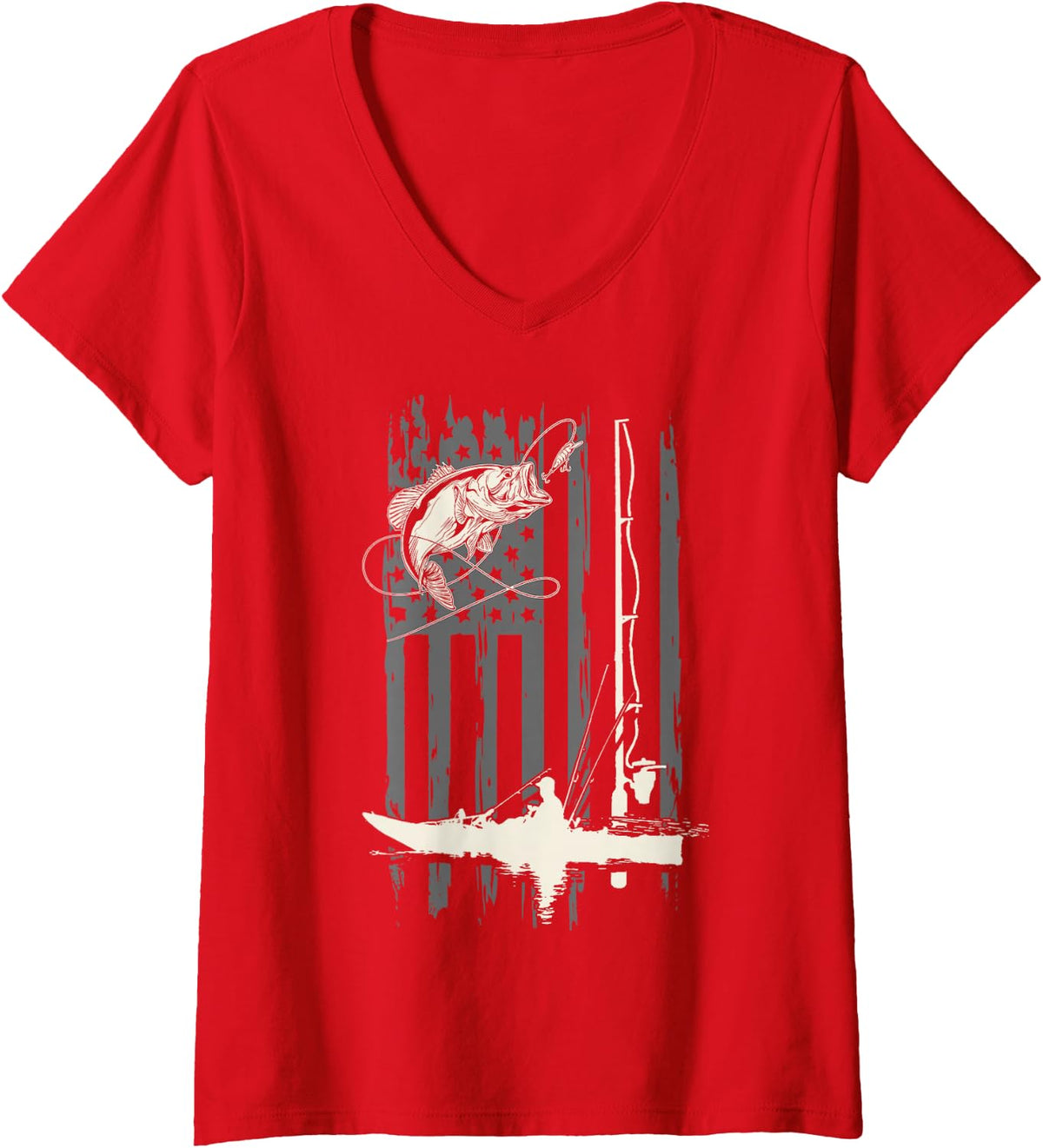 Women's American Flag Funny Bass Kayak Fishing Fisher Fisherman USA V-Neck T-Shirt - Red
