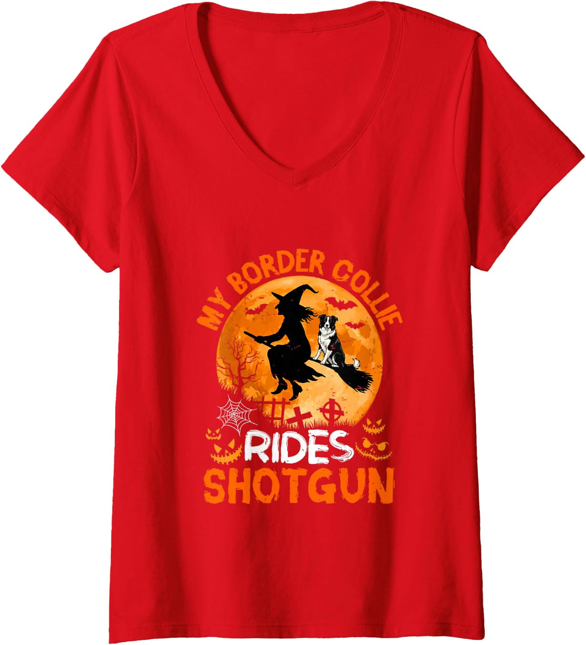 Women's My Border Collie Rides Shotgun Halloween Witch On Broomstick V-Neck T-Shirt - Red