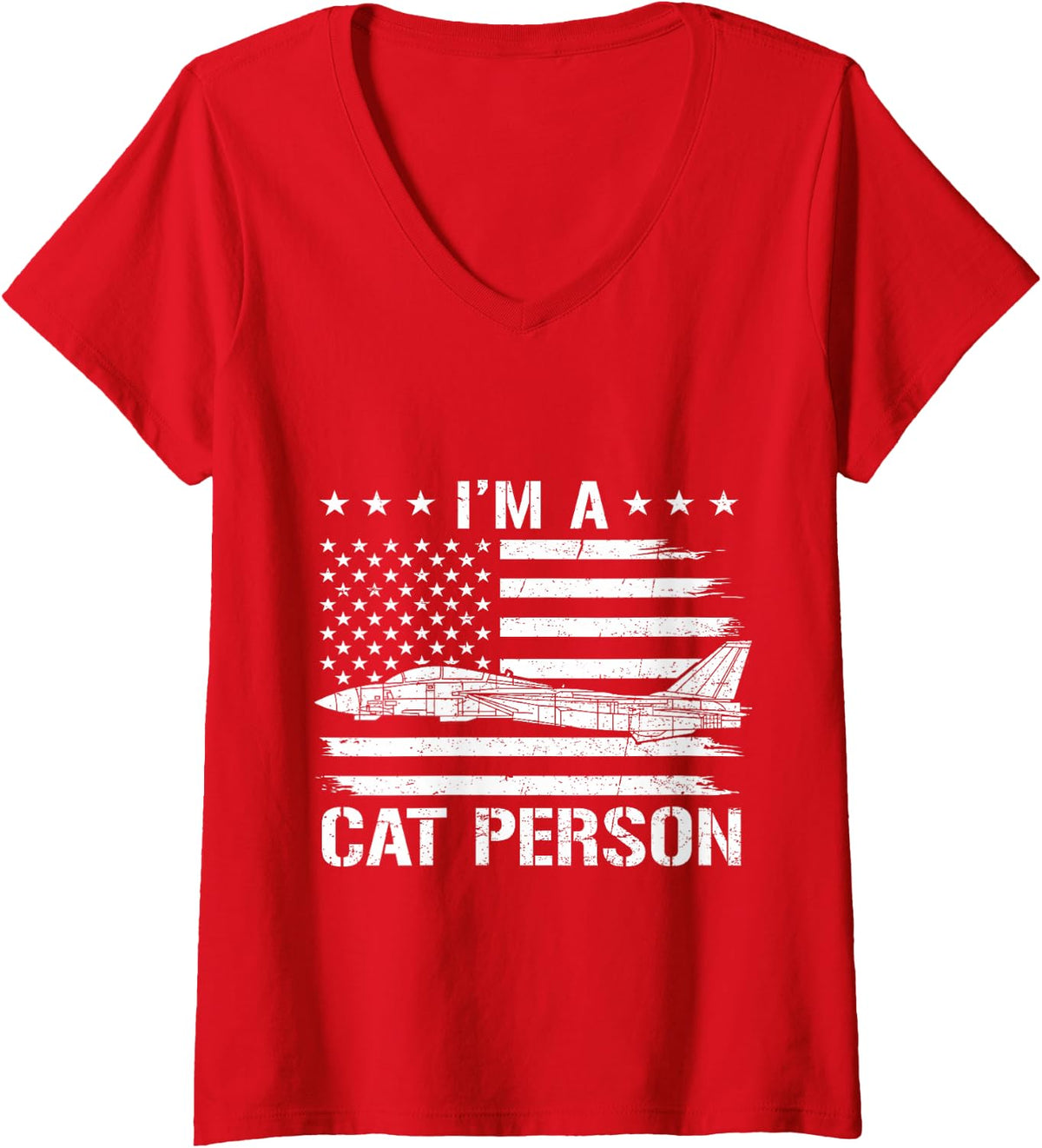 Women's I'm A Cat Person Funny F-14 Tomcat Flag US Fighter Jet V-Neck T-Shirt - Red