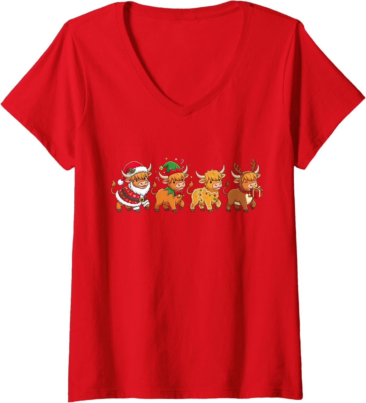 Women's Christmas Highland Cow Santa Elf Gingerbread Womens Mens Kid V-Neck T-Shirt - Red