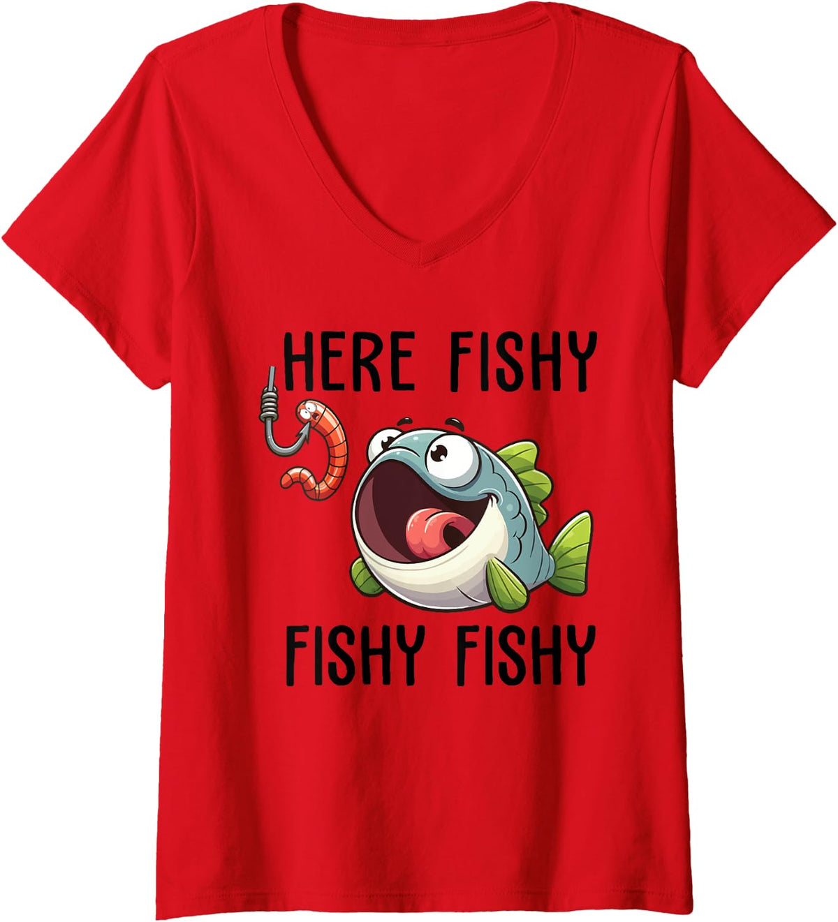 Womens Here Fishy Fisherman Funny Fishing Lover Cute Fish Worm V-Neck T-Shirt - Red