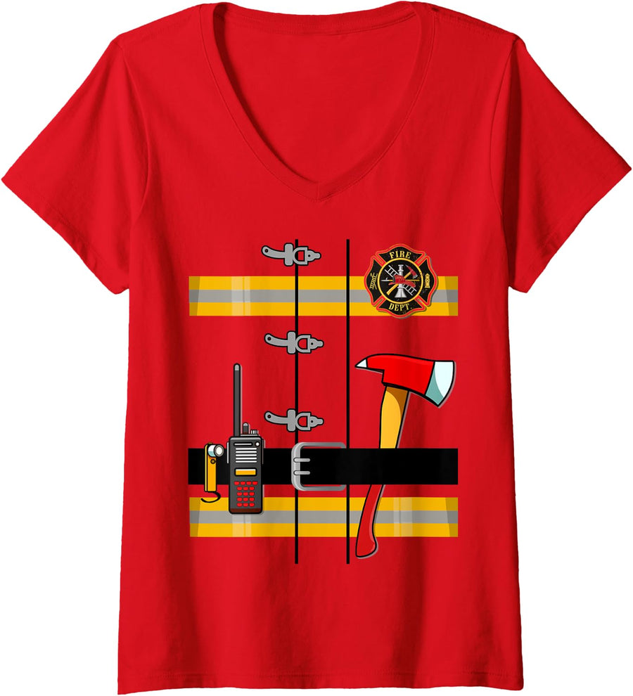 Womens Firefighter Uniform Costume Kids Tee Fireman Firefighters V-Neck T-Shirt - Red