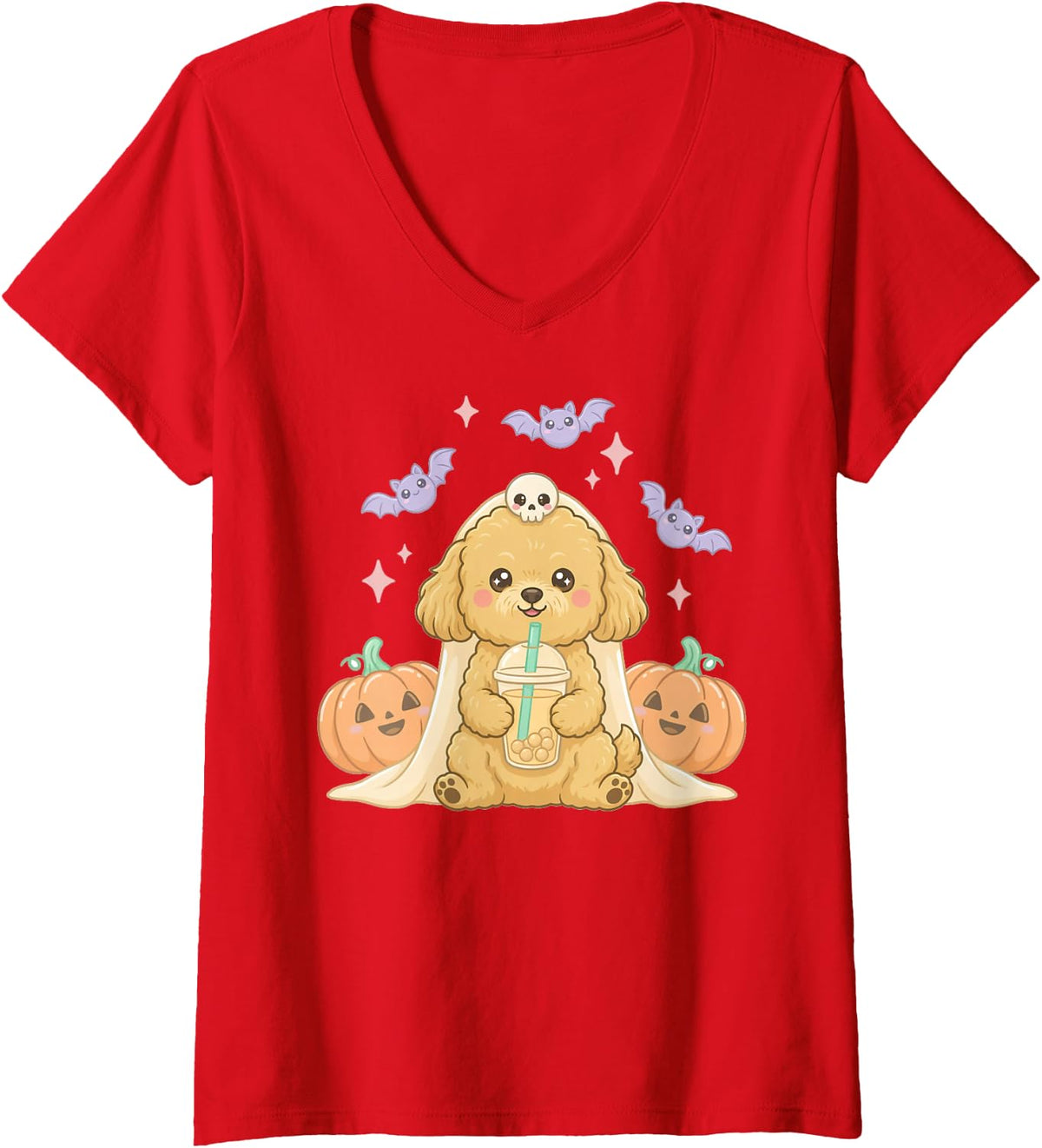 Women's Goldendoodle Ghost and Boba Cute Halloween Dog Humor V-Neck T-Shirt - Red