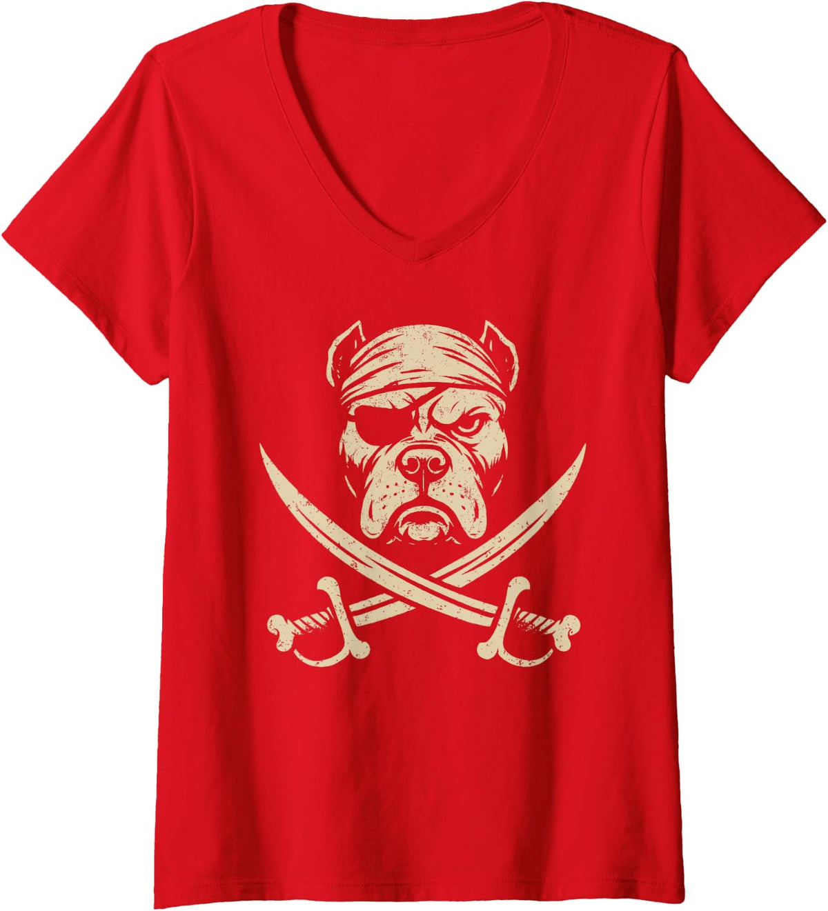 Womens Vintage Pirate Pit Bull Crossbones Dog Lover V-Neck T-Shirt - Red