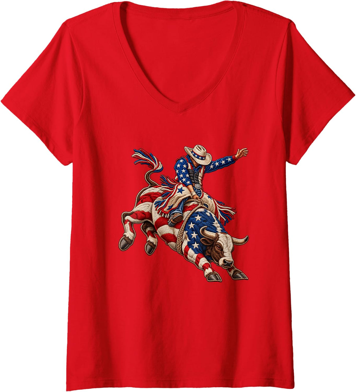 Women's American Rodeo Riding Bull Retro USA Vintage Souvenir Kids V-Neck T-Shirt - Red