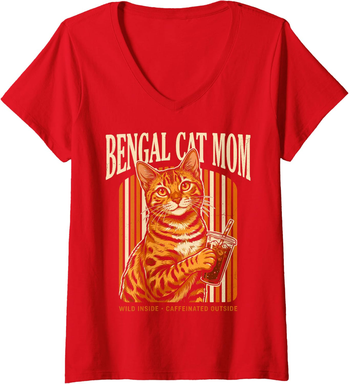 Women's Bengal Cat Mom Wild Inside Caffeinated Outside V-Neck T-Shirt - Red