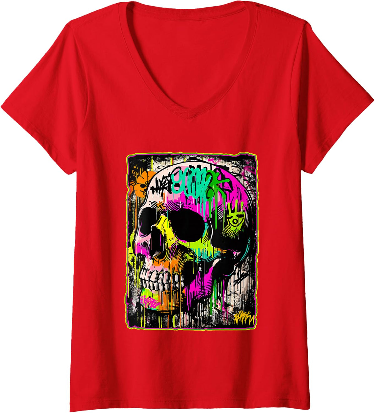 Women's Artistic Punk Skull Graffiti Grunge Skeleton Art Urban 90s V-Neck T-Shirt - Red
