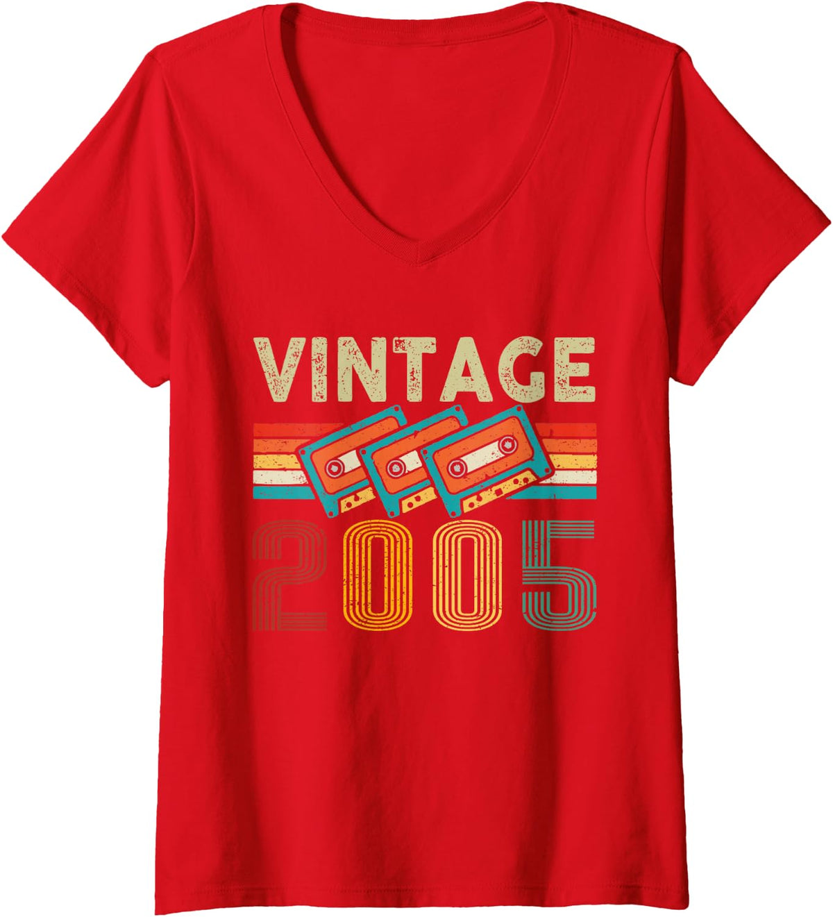 Women's Vintage 2005 Classic Birthday Vintage 2005 Cassette Tape V-Neck T-Shirt - Red