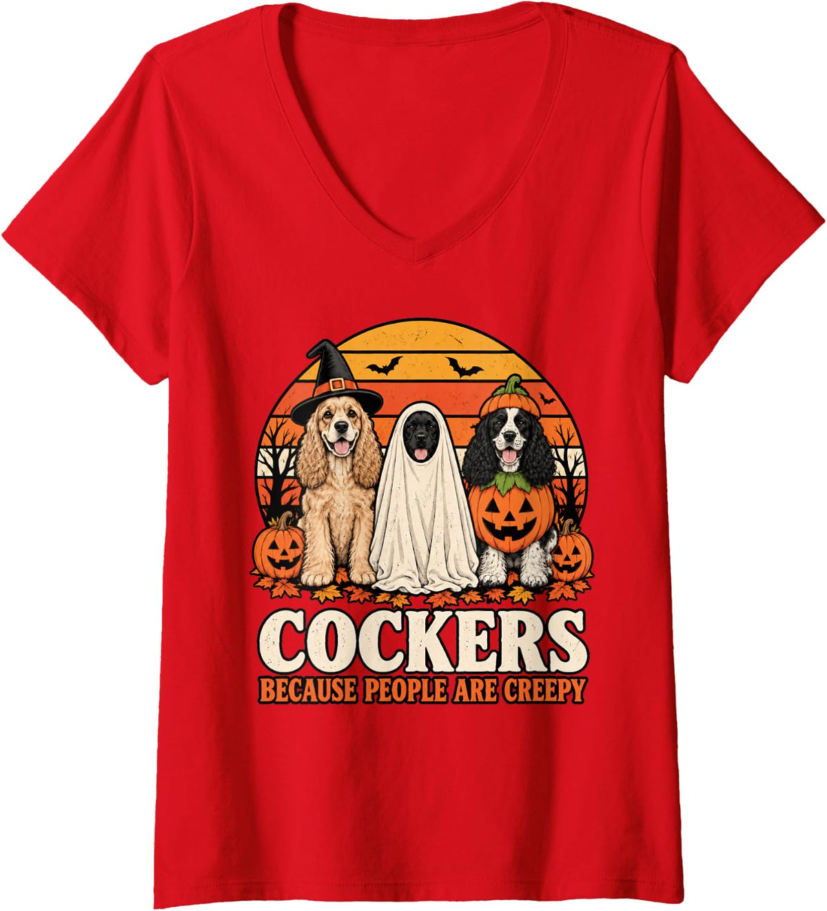 Women's Cockers Because People are Creepy Halloween Cocker Spaniel V-Neck T-Shirt - Red
