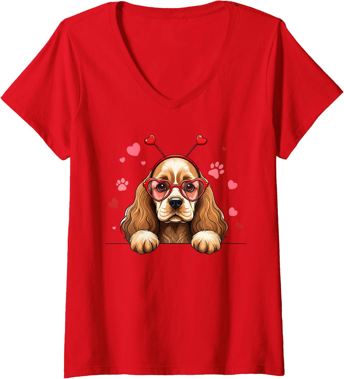 Women's Funny Cocker Spaniel Heart Headband Valentine Womens Mens V-Neck T-Shirt - Red