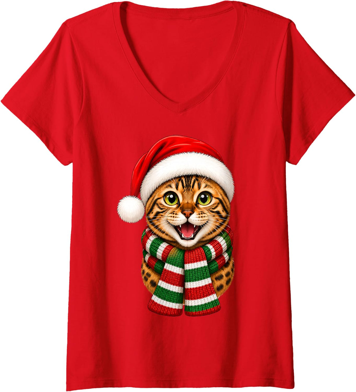Women's Bengal Cat Christmas Santa Hat Scarf Fun Animal Lover Xmas V-Neck T-Shirt - Red