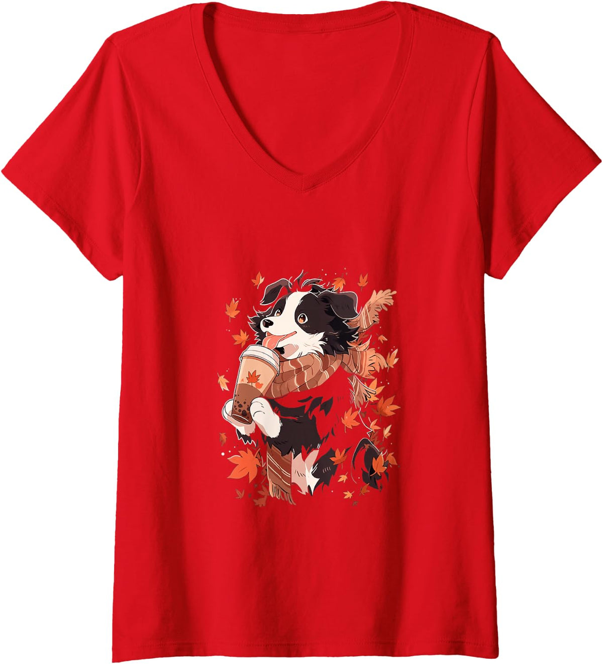 Women's Border Collie Autumn Leaves Pumpkin Spice Latte Kawaii V-Neck T-Shirt - Red