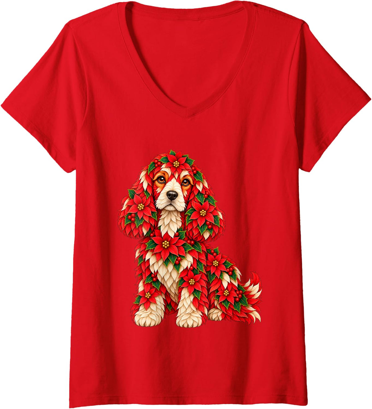 Women's Floral Christmas Cocker Spaniel with Poinsettia Flowers Xmas V-Neck T-Shirt - Red